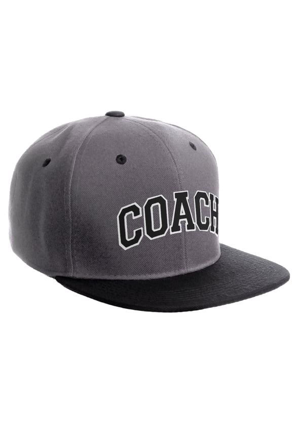 Original Team Coach Snapback Hat Classic Layered Arched Letters Flat Bill Cap (Grey Black Hat White Black Letters)