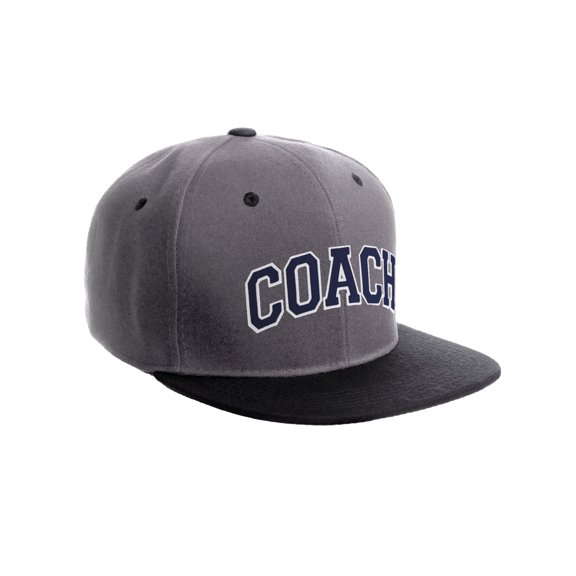 Original Team Coach Snapback Hat Classic Layered Arched Letters Flat Bill Cap (Grey Navy Hat White Navy Letters)