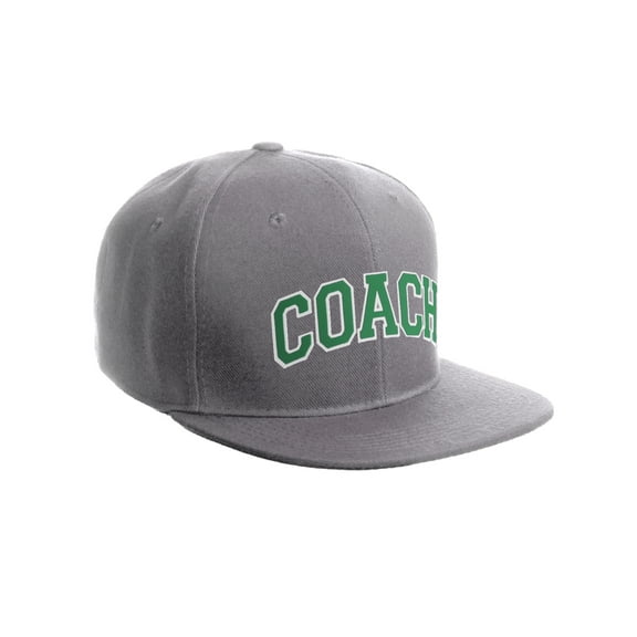Original Team Coach Snapback Hat Classic Layered Arched Letters Flat Bill Cap (Light Grey Hat White Green Letters)