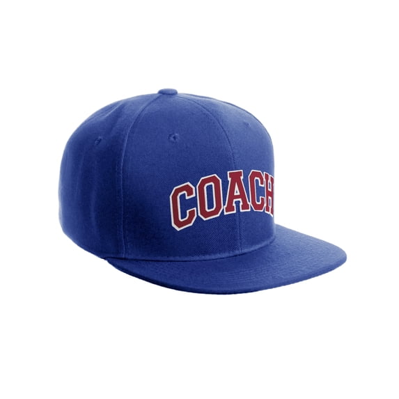 Original Team Coach Snapback Hat Classic Layered Arched Letters Flat Bill Cap (Royal Hat White Red Letters)