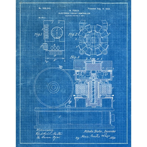 Original Tesla Circuit Controller Artwork Submitted In 1896 - Science and Technology - Patent Art Print