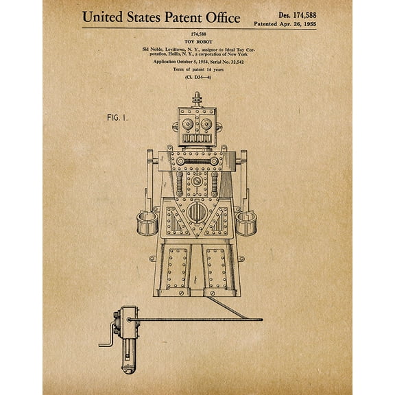 Original Toy Robot Artwork Submitted In 1955 - Toys and Games - Patent Art Print