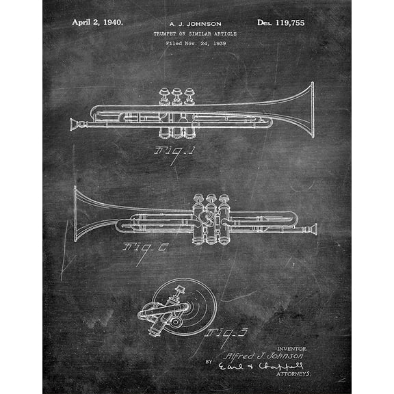 Original Trumpet Artwork Submitted In 1940 - Music - Patent Art Print