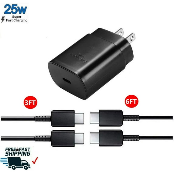 Original USB C Super Fast Charger for Samsung Galaxy A14 5G 25W Charger Type C Super Fast Charging with 3Feet & 6 Feet Cables Included - Black