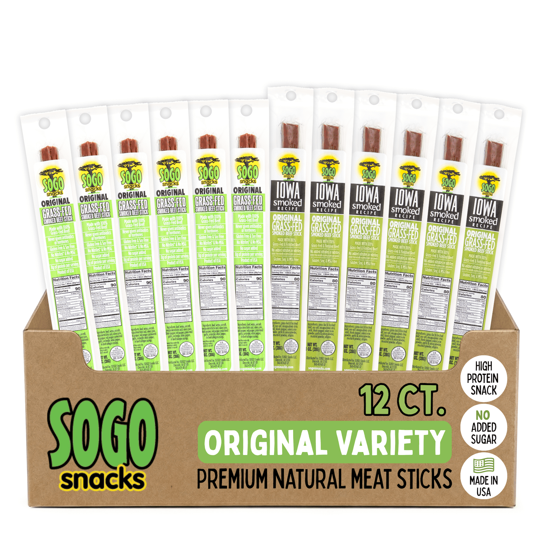Original Variety, Sogo Snacks, No Sugar, 100% Grass-fed, Non-GMO Beef Sticks. No Nitrates, Gluten, Soy, MSG, Dairy or Nuts. Keto, Paleo Friendly (6 Original, 6 IASM Original, 1-oz, 12-cnt)