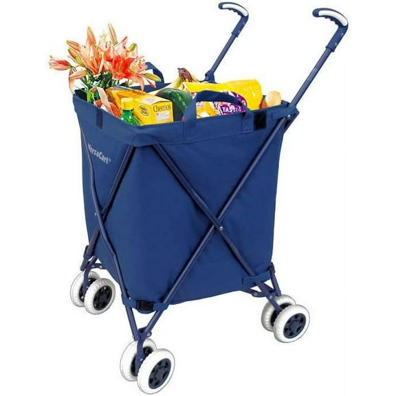 The Original VersaCart Transit Folding Shopping and Utility Cart, Water-Resistant Heavy-Duty Canvas with Cover, Double Front Swivel Wheels, Compact Folding, Transport Up To 120 Pounds, Signature Blue