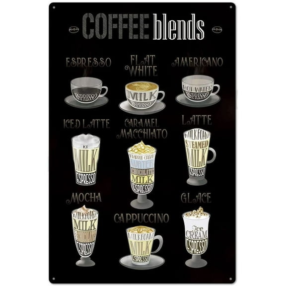 Original Vintage Design Coffee Tin Metal Wall Art Signs, Coffee Blends Thick Tinplate Print Poster Wall Decoration for Coffee Bar