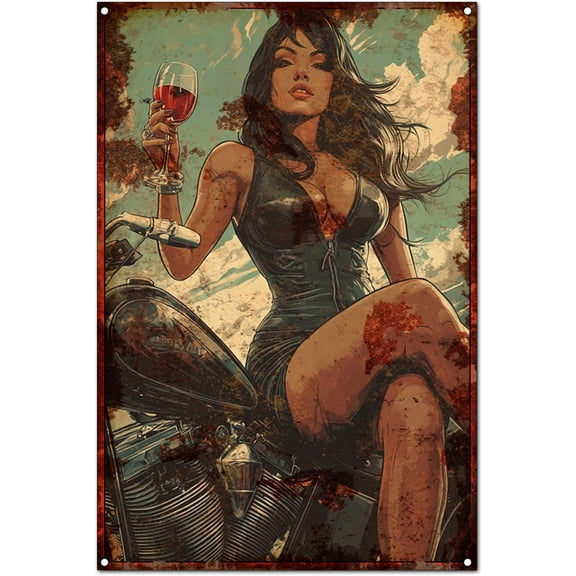 Original Vintage Design Wall Art Print Poster,Motorcycle Beauty Wine, Funny Retro Classic Art Wall Decoration, Garage Bar Tin Metal Signs Artwork