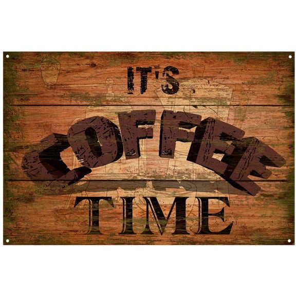 Original Vntage Design With Old Wood Pattern Tin Metal Wall Art Signs, Thick Tinplate Print Poster Wall Decoration for Cafe/Man Cave/Kitchen (IT'S COFFEE TIME, 8x12 Inches (20x30 CM))