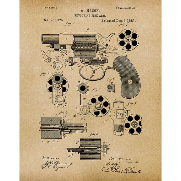 Original W Mason Revolver Artwork Submitted In 1881 - Guns - Patent Art Print