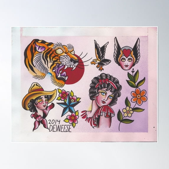 Original Watercolor Tattoo Flash Painting Poster Wall Art, Modern Wall Decor For Living Room Bedroom, 24x36 UNFRAMED