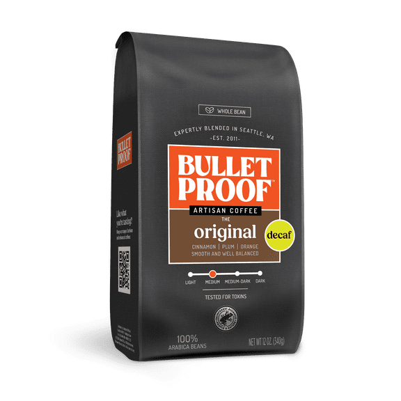 Bulletproof Original Medium Roast Whole Bean Decaf Coffee, 12 Ounces, 100% Arabica Coffee, Clean Coffee Tested for Toxins