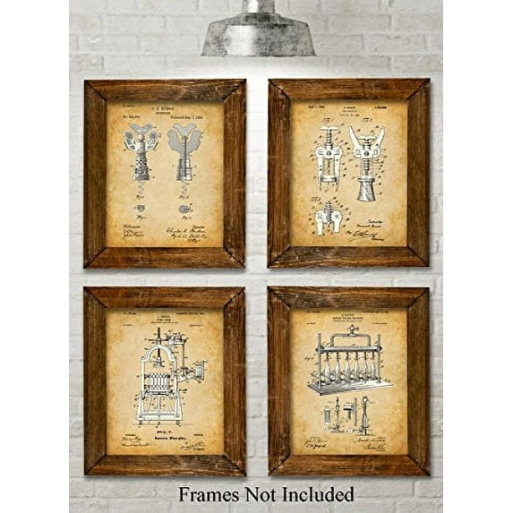 Original Wine Patent Art Prints - Set of Four Photos (8x10) Unframed - Great Gift for Wine Lovers, Wine Cellars or Grottos