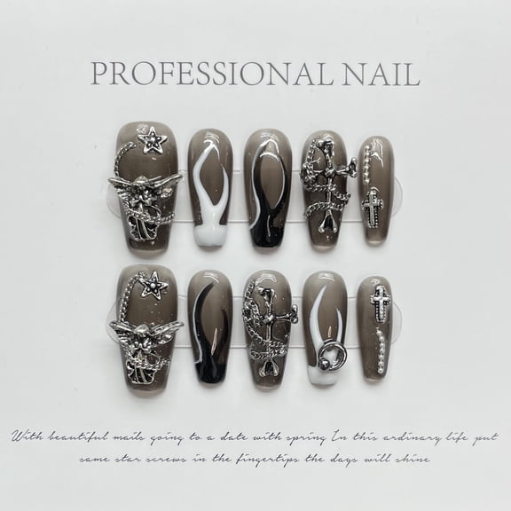 [Original real shot] Handmade manicure, dark manicure, heavy metal, black and white mandarin duck flame fake nail manicure sticker
