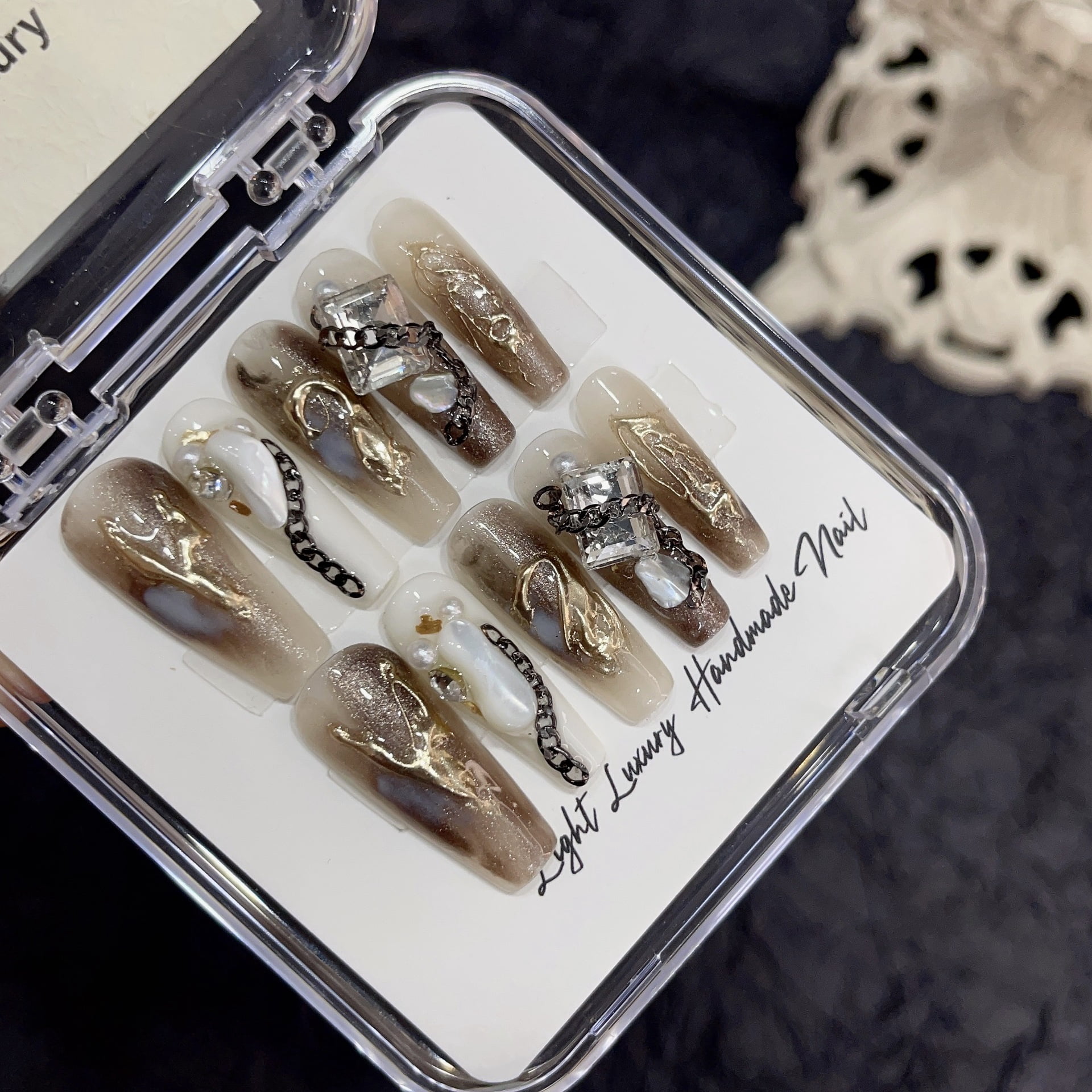 [Original real shot] Heavy industry smudging INS mourning wind lengthening hand-worn nail pieces light luxury pure handmade high-quality armor