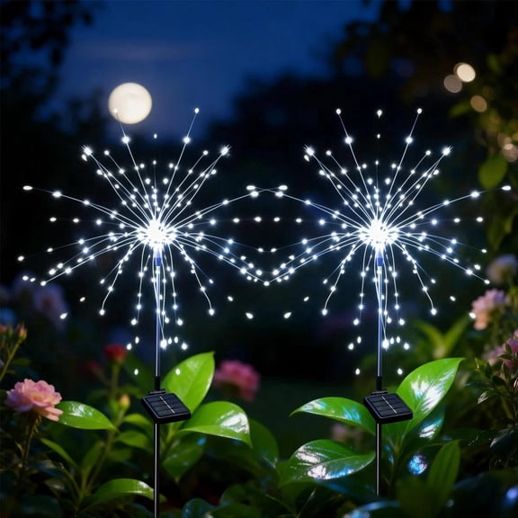 2 Pack Solar Outdoor LED Firework Lights – 120 LED Waterproof Garden & Patio Decor, Solar Lights for Christmas, 4th of July, Yard & Party, Cold White