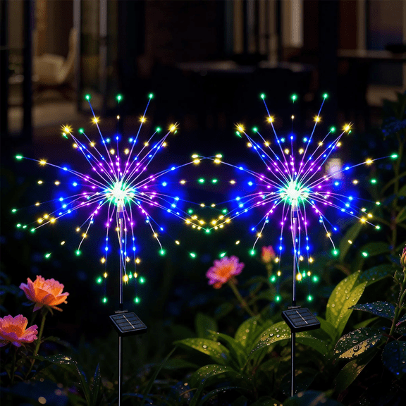 2 Pack Solar Firework Lights 120 LED Outdoor Waterproof Garden Lights for Party & Patio Decor, Multicolor