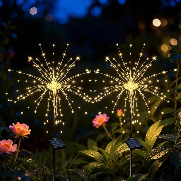 2 Pack Solar Firework Lights 120 LED Outdoor Waterproof Garden Lights for Party & Patio Decor, Warm White
