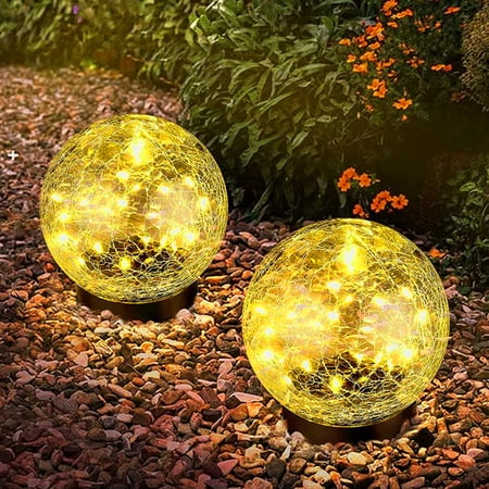 OriginalSourcing 2 Pcs Waterproof Outdoor Decorative Globe Solar Lights Cracked Glass Ball Lights Ground Lights with 30 LEDs for Garden Pathway Halloween Decor
