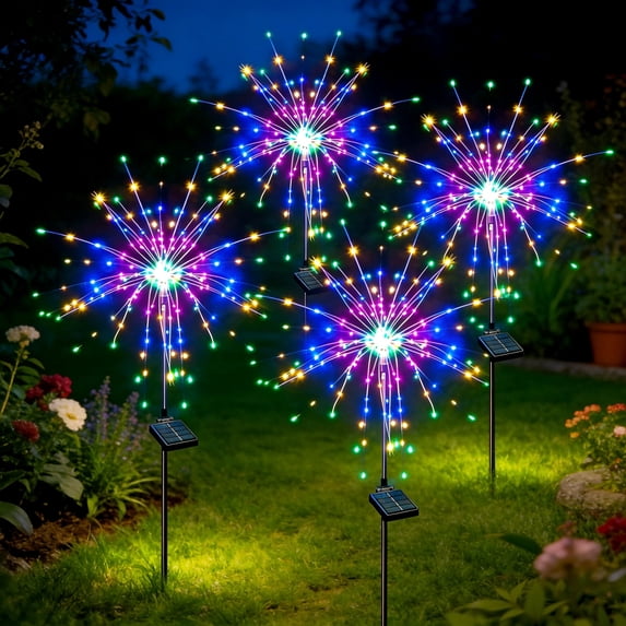 4 Pack Solar Firework Lights Outdoor, 120 LED Multicolor 8 Modes Waterproof Garden Stake Lights for 4th of July Yard Decor & Parties