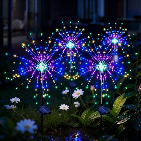 4 Pack Solar Firework Lights 120 LED Long Lasting Outdoor Waterproof Decoration Garden Lights with 8 Flashing Modes, Multicolor