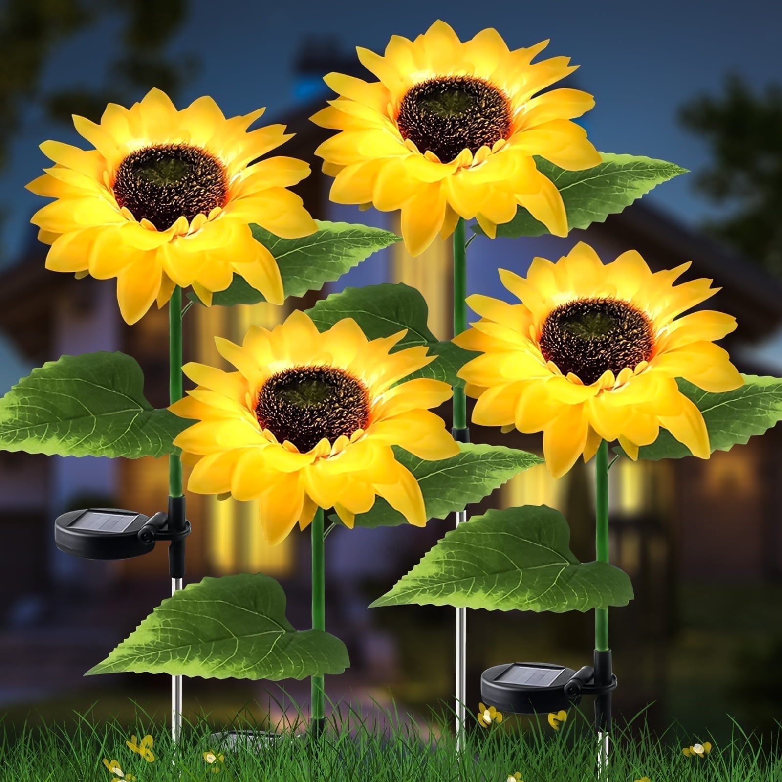 OriginalSourcing 4 Pcs Sunflower Solar Outdoor Lights Garden Stake Lights, Waterproof LED Solar Powered Lights for Patio Lawn Garden Yard Pathway Decoration