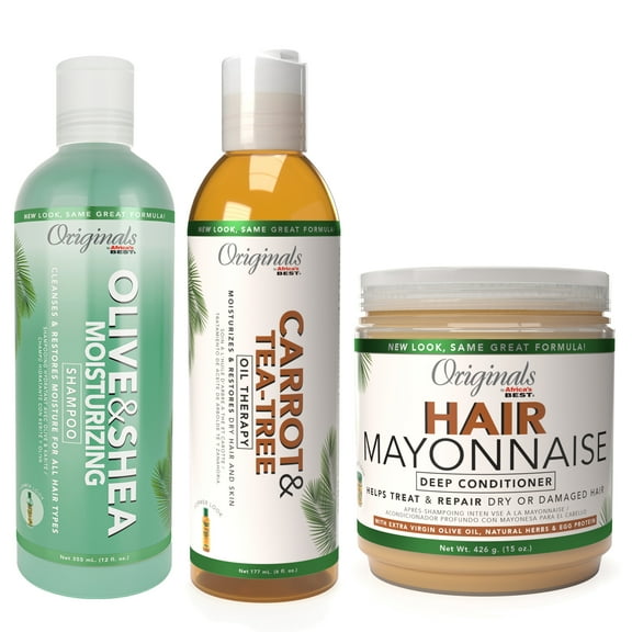 Originals by Africa's Best Healthy Hair Essentials Bundle Includes: Olive & Shea Shampoo, Hair Mayonnaise, Carrot Tea Tree Oil Therapy, Healthy Hair Has Never Been So Easy
