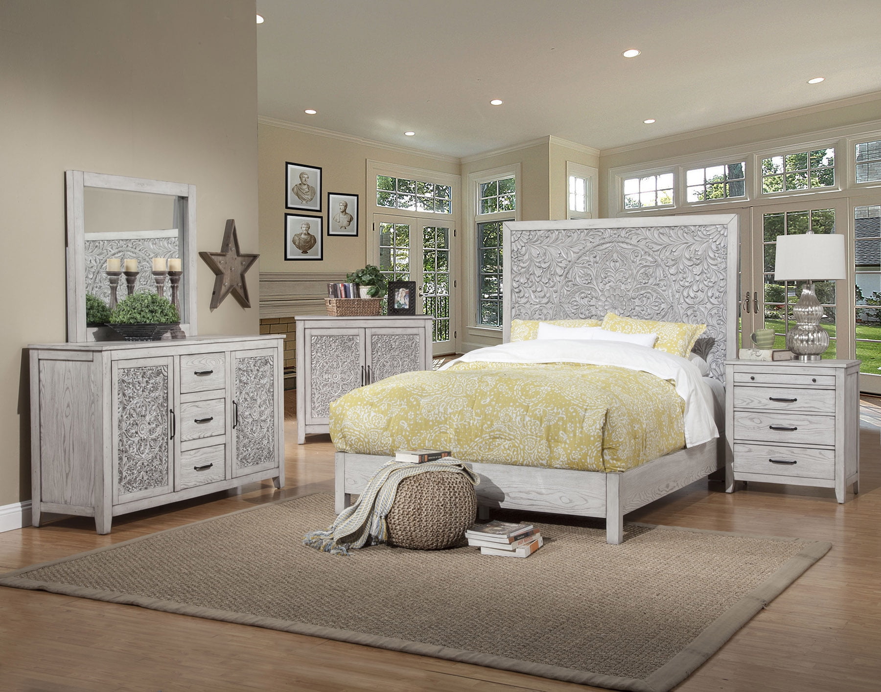 Aria Gray Mahogany California King Panel Bed with Carved Headboard