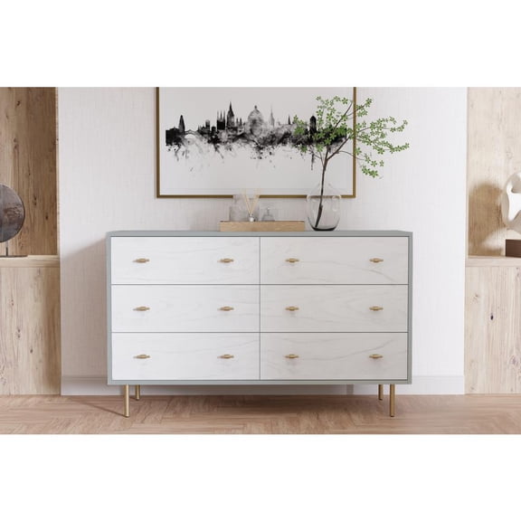 Origins by Alpine Saige Wood 6 Drawer Dresser in Weathered White-Gray