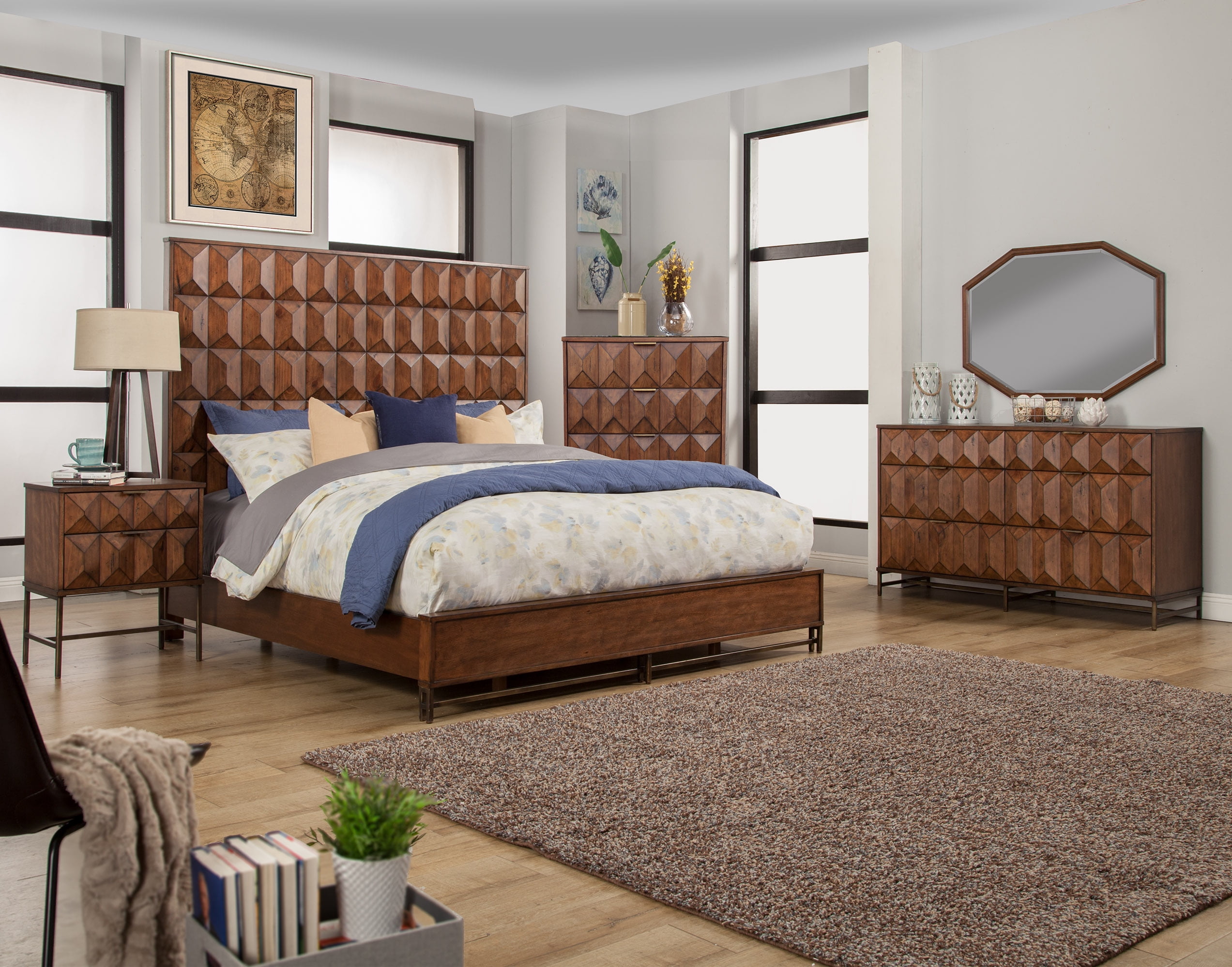 Transitional Trig 2-Drawer Nightstand in Aged Brown with Bronze Accents