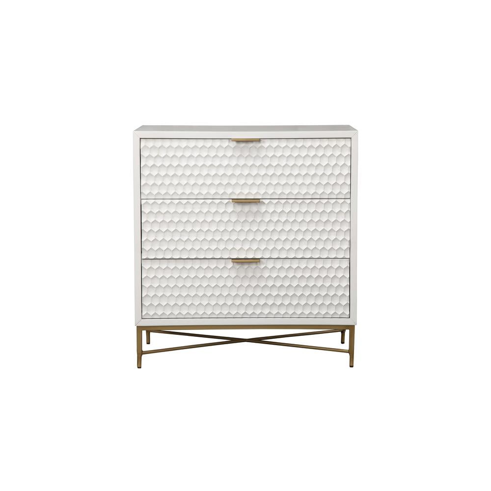 White Pearl Transitional 3-Drawer Accent Chest with Gold Accents