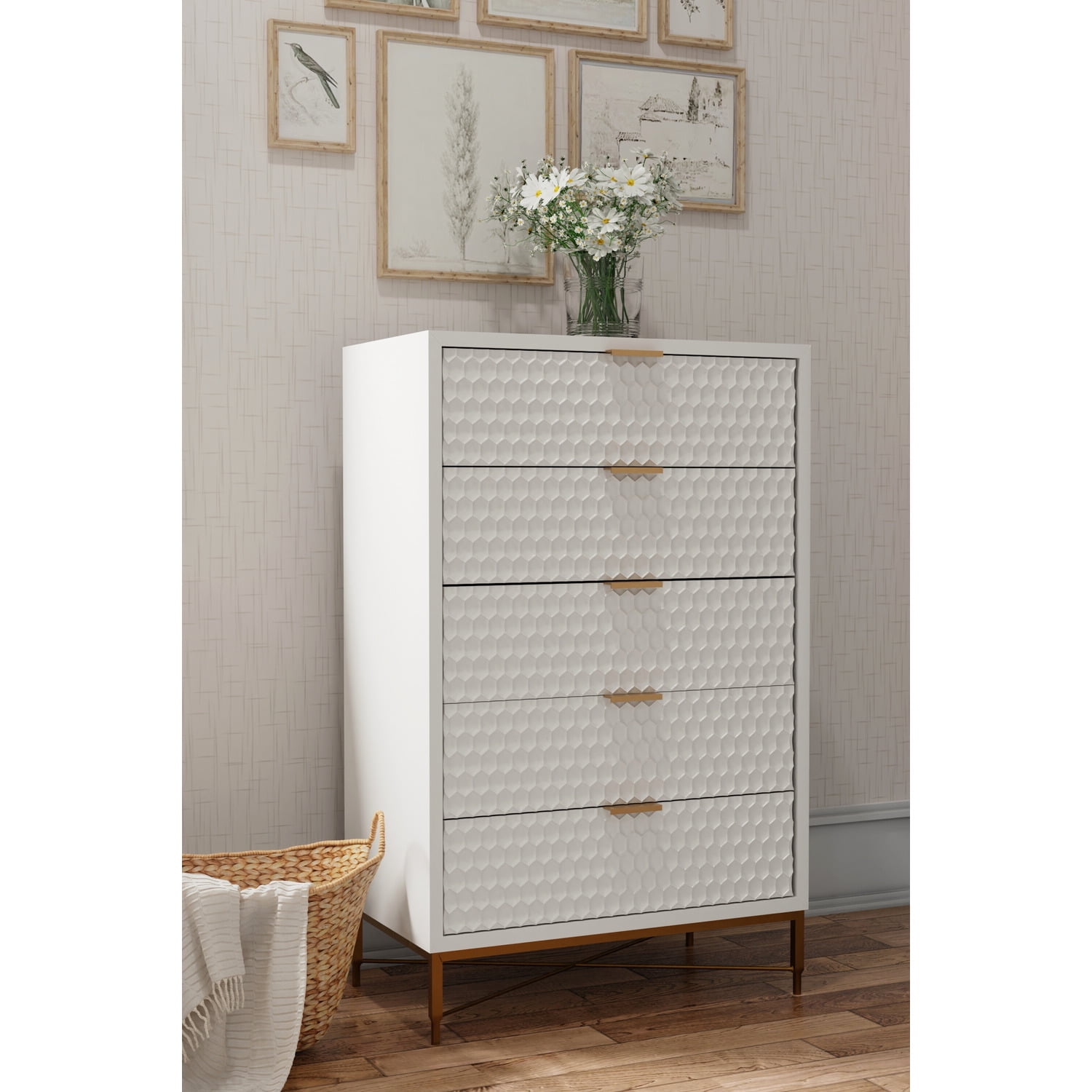 White Pearl Transitional 5-Drawer Chest with Gold Accents