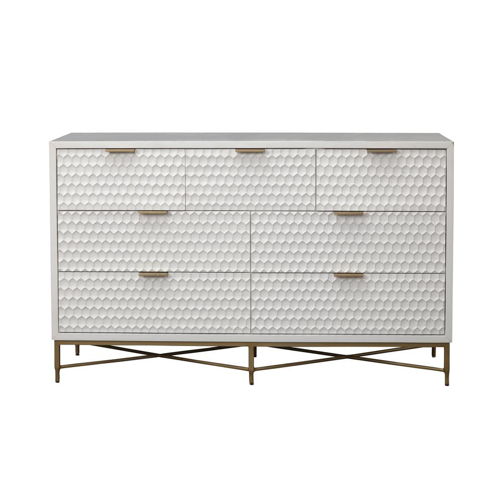 Transitional White Pearl 7-Drawer Dresser with Gold Accents