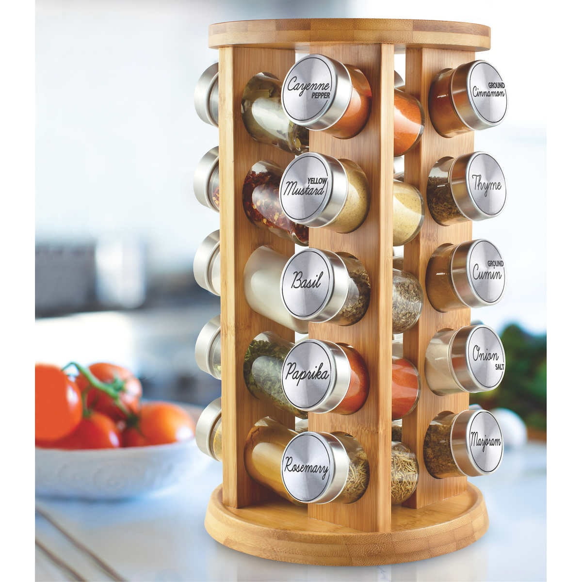 Sushineibor Spice Rack Organizer for Cabinet,3 Tier Spices and Seasonings  with 21 Empty Square Jars,Bamboo Shelf Kitchen 24 Black Labels Chalk