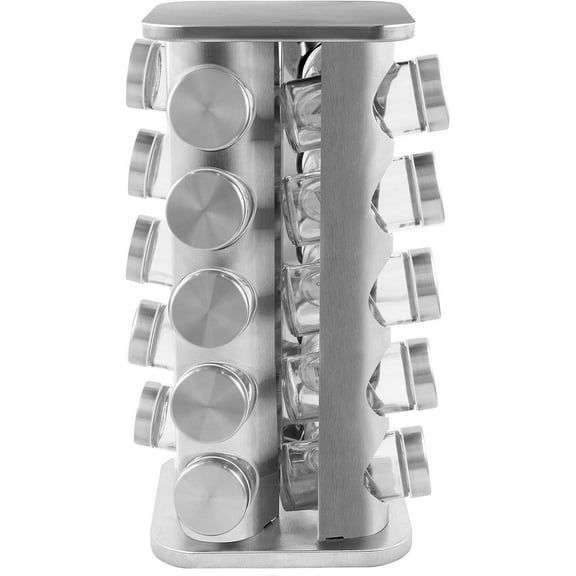 Orii 20 Jar Stainless Steel Rotating Spice Rack - No Spices - Stainless Steel Lids and Glass Jars