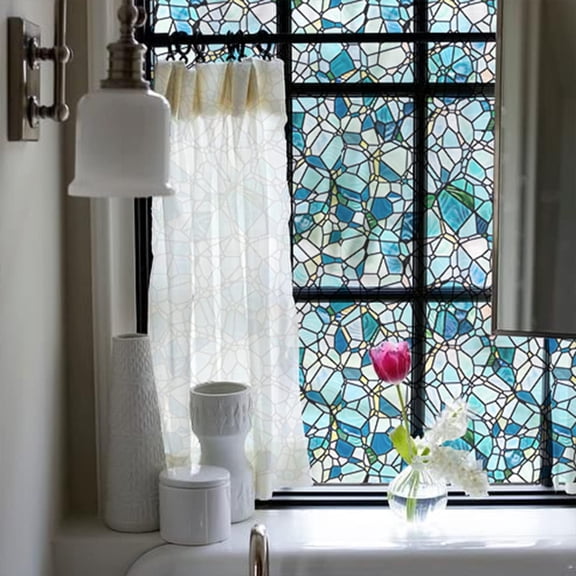 Oriinal Hand-Drawn Stained lass Window Film, Reusable Double-Sided Static Clin Window Films Suitable for Entryway, Non-Adhesive lass, 11.8"x118", Blue Cobblestones