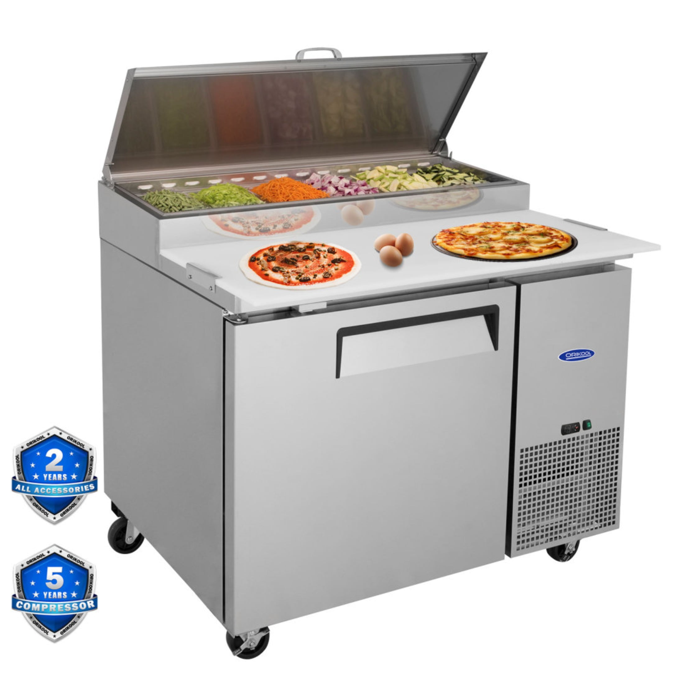 Orikool 44 IN Commercial Pizza Prep Table with a Built-in Refrigerator 11 Cu.Ft, Butcher Block Cutting Board, Protection Lid, Cold Storage, and Smooth-Rolling Casters, ETL Certified (LTL carry)