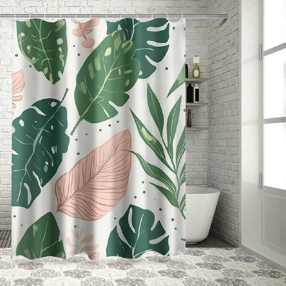 Orinice 69x70 Inch Tropical Leaves Shower Curtain Pink Leaf Green Palm Banana Plant Nature Botanical Shower Curtains Waterproof Polyester Bathroom Home Decor Set with Hooks 60x72