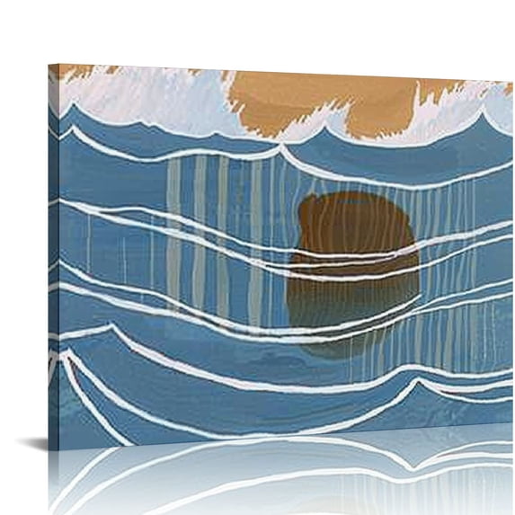 Orinice Abstract Landscape Canvas Wall Art Poster, Ocean Waves Boho Sun Beach Print Painting Framed for Beach House Home 16x12in