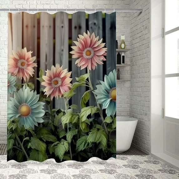 Orinice Ambesonne teal shower curtain, modern urban jungle bohemian concept dancing daisy with curved leaf hug, fabric bathroom décor set with hooks, sea green pale mustard 60x72