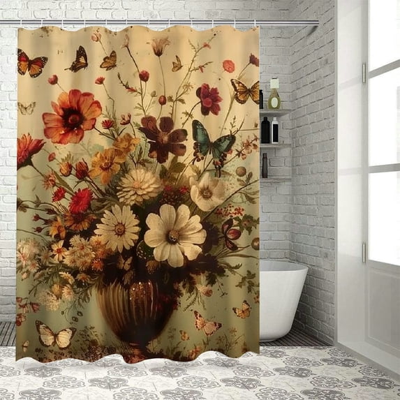 Orinice Ambesonne vintage shower curtain, dancing butterflies and spring flowers hugging vintage farm, fabric bathroom décor set with hooks 69x72