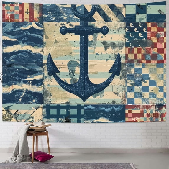 Orinice Anchor Ship Checkered Pattern Tapestry Wall Hanging Unique Style Graphic Tapestries Home Wall Decor Art for Living Room Bedroom Apartment Farmhouse Dorm 40x60inch