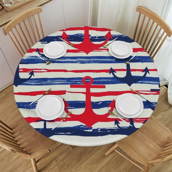 Orinice Anchor Stripes Round Table Cover Stain Resistant Washable Indoor Outdoor Tablecloth Kitchen Dining Wedding Parties 100% Polyester Fiber 42-46