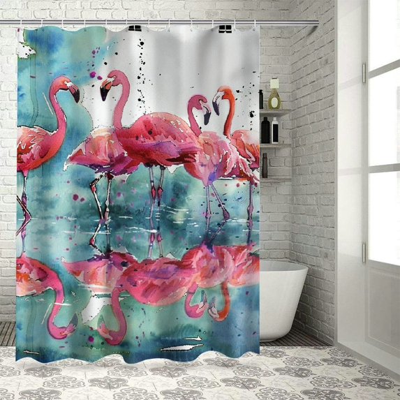 Orinice Animal Shower Curtain, Flamingos Love Birds Feather Romance Brushstroke Splash Watercolor Effect, Cloth Fabric Bathroom Decor Set with Hooks, 69x72