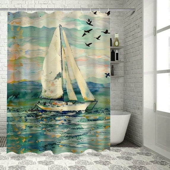 Orinice Art Shower Curtain, Monet Sailing Boat Yacht Birds Watercolor Brushstroke Composition, Cloth Fabric Bathroom Decor Set with Hooks, Pale Blue Teal and White 69x72