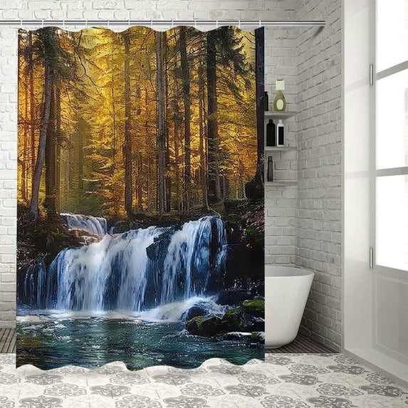 Orinice Autumn Forest Waterfall Shower Curtain Autumn Landscape Jungle Natural Scenery Seasonal Landscape Tree River Stone Fabric Bathroom Decoration Set With Hooks 60x72