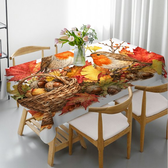 Orinice Autumn Robin Acorn Basket Maple Leaf Border Water‑Resistant Dining Table Cover, 2D Flat Printing - Polyester Tablecloths Polyester Rectangular Tablecloth, for Kitchen, Banquet, Indoor Home Dining Decoration