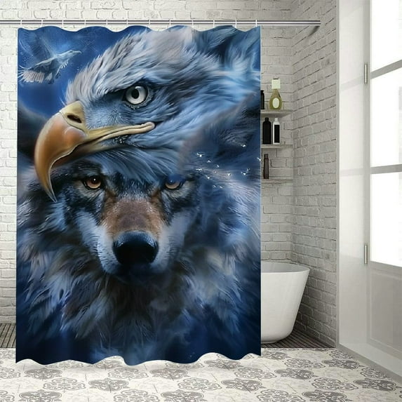 Orinice Bald Eagle Wolves Blue Background Bathroom Decor Set - Colorful Luxurious Graphic Print Polyester Fabric Fashion Bathroom Decor Sets with Hooks 100% Polyester Chic Modern