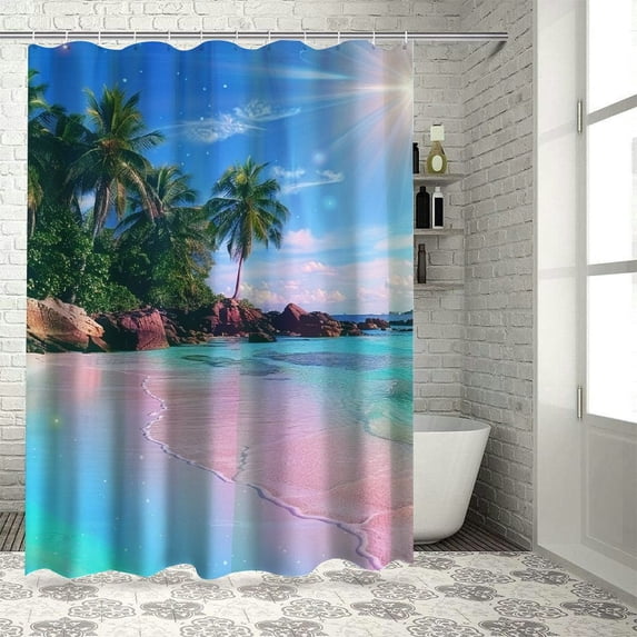 Orinice Bathroom Sets, Beach Palm Sea Tree Tropical Waterproof Polyester Shower Curtain Sets with Non-Slip Rugs and Bath Mat for Bathroom Decor Set 60x72