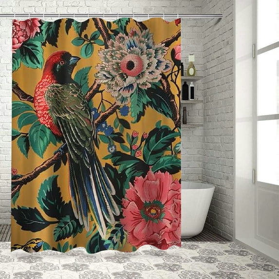 Orinice Bathroom Shower Curtain Chrysanthemum Red Pattern Paradise Floral Bird Branch Green Summer Leaf Chrysanthemums Vintage Durable Fabric Waterproof Bath Curtain Sets with Hooks 69x72